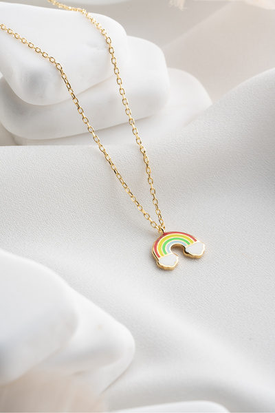 Nereze 925 Ayar Gümüş Gold Kaplama Mineli Minimal Gökkuşağı Kolye