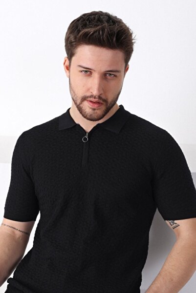 Ferraro Black Polo Collar Zippered 100% Cotton Men's Knitwear T-shirt