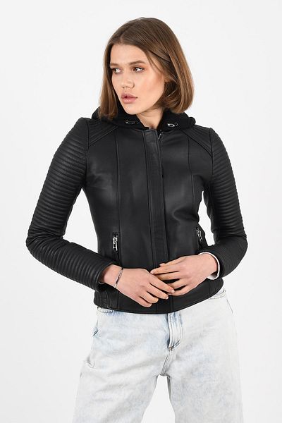 ALİN Kate Black Genuine Leather Women's Coat - Hooded