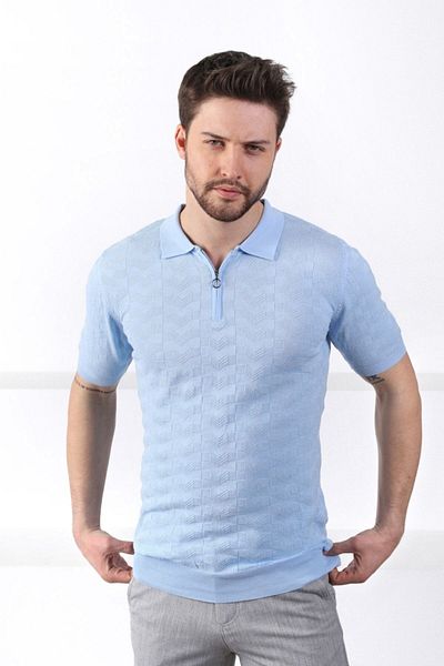 Ferraro Tricou pentru bărbați, 100% bumbac, cu fermoar, cu guler polo albastru