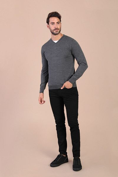 Ferraro Ανδρικό πουλόβερ από μαλλί Anthracite V-Neck Superfine