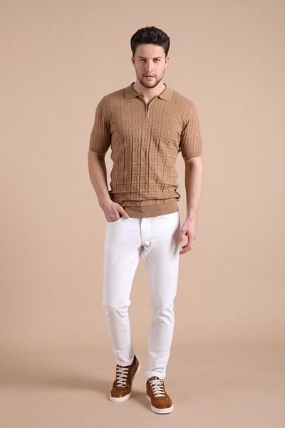 Ferraro Ανδρικό πλεκτό μπλουζάκι Camel Polo Collar με φερμουάρ 100% βαμβακερό