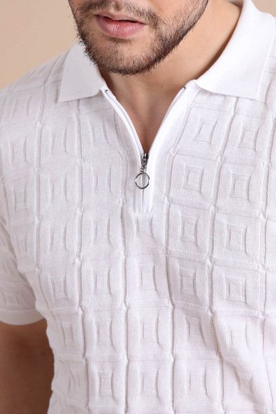 Ferraro Tricou alb pentru bărbați, 100% bumbac, cu fermoar, cu guler polo