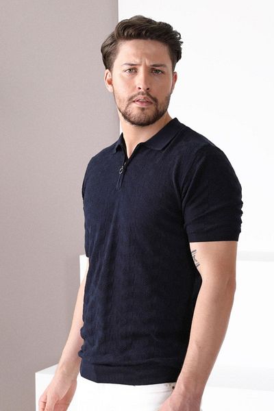 Ferraro Ανδρικό πλεκτό μπλουζάκι Navy Blue Polo με φερμουάρ 100% βαμβάκι