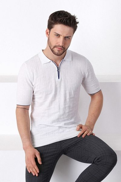 Ferraro Tricou alb pentru bărbați, 100% bumbac, cu fermoar, cu guler polo