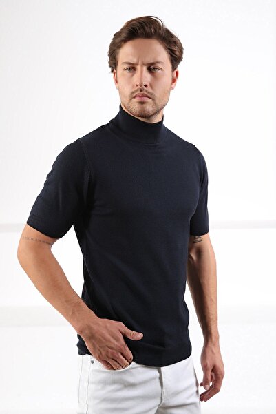 Ferraro Navy Blue Half Turtleneck Short Sleeve Cotton Men's Sweater
