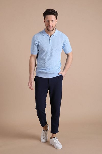 Ferraro Tricou pentru bărbați, 100% bumbac, cu fermoar, cu guler polo albastru