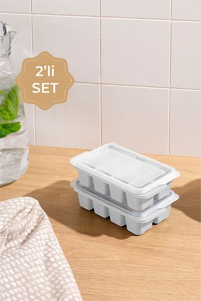 Vienev Set of 2 White Ice Molds - Clear Cover, 8 Compartments