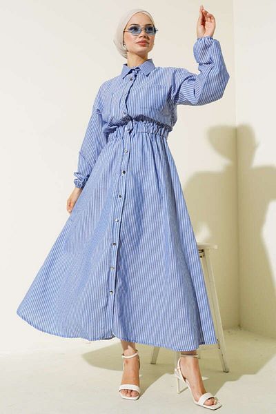 modasindoma Metal Buttoned Striped Women's Dress