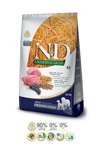 N&D Ancestral Grain Dog Food Medium Maxi Lamb Ilkel Tahıllı Orta Büyük Irk Kuzu Etli Köpek Maması 12 kg