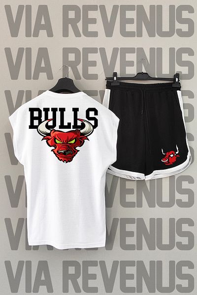 Vordevia Bulls Crew Neck Λευκό και Μαύρο Αθλητικό Σετ μπλουζάκι και σορτς - Πίσω στάμπα, μηδενικά μανίκια