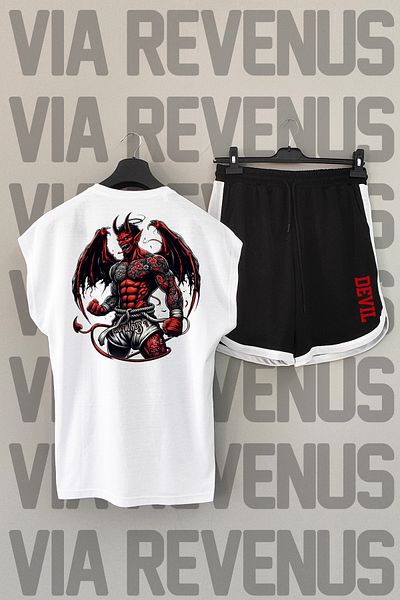 Vordevia Crew Neck and Zero Sleeve Devil Back Printed White and Black Sports T-shirt and Shorts Set