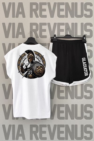 Vordevia Gladiator White αθλητικό μπλουζάκι και μαύρο αθλητικό σορτς - εμπριμέ στην πλάτη, μηδενικό μανίκι