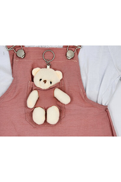 By Cwhr Pamuklu Keten Oyuncak Ayıcıklı Güpür Yakalı Kız Çocuk Tshirt Salopet Elbise Kız Çocuk Slopet Elbise