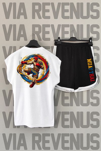 Vordevia Muay Thai Print White and Black Sports T-shirt and Shorts Set - Crew Neck, Zero Sleeve