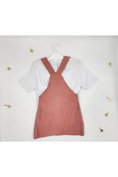 By Cwhr Pamuklu Keten Oyuncak Ayıcıklı Güpür Yakalı Kız Çocuk Tshirt Salopet Elbise Kız Çocuk Slopet Elbise