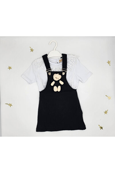 By Cwhr Tricou din bumbac și in pentru fete - rochie salopetă - guler guipur,...