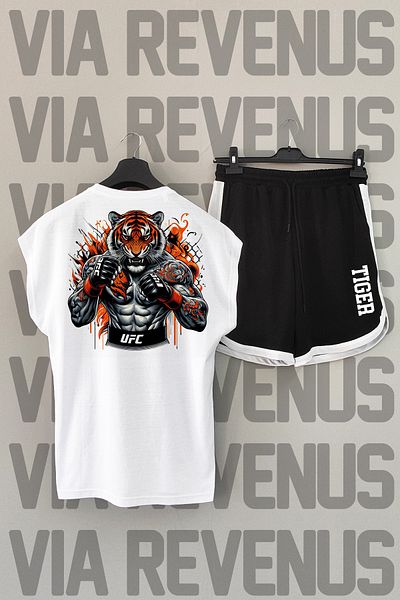 Vordevia Tiger UFC - Crew Neck White and Black Sports T-shirt and Shorts Set