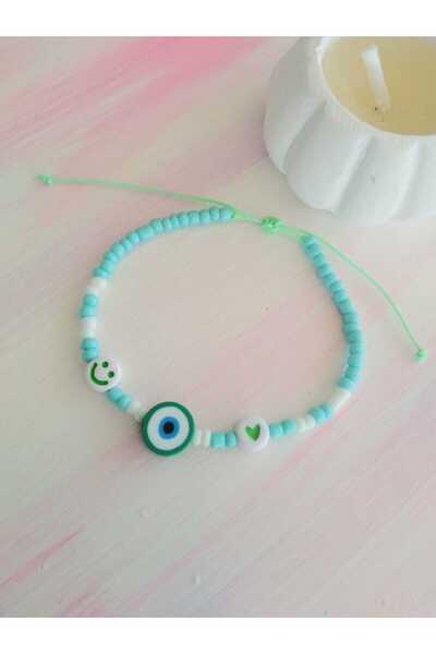 nasclaycollection Hediye Çocuk Fimo Nazar Boncuklu Yeşil Makrome Örgü Bileklik
