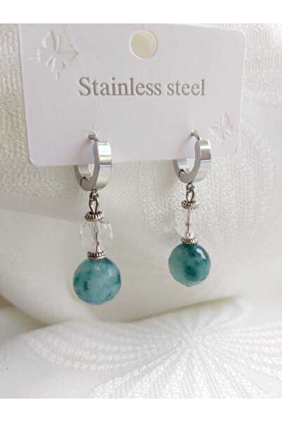 DEVİ fashion Doğal Yeşil Akik Ve Kristal Kuvars Taşlı Çelik Küpe