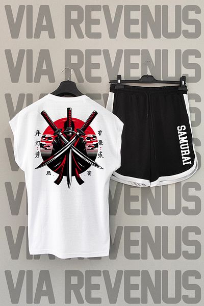Vordevia Samurai Patterned White and Black Sports T-shirt and Shorts Set - Crew Neck, Zero Sleeve