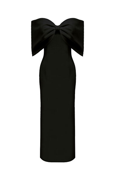 TARA COŞKUNTUNCEL Geniş Yaka Kurdele Detaylı Düşük Omuzlu Yırtmaçlı Midi Abiye Elbise