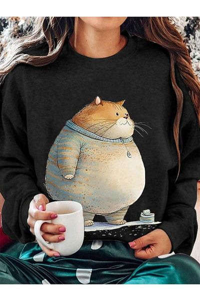 Massgai Hanorac oversize cu imprimeu Şişko Cat unisex - Hanorac cu gât crew