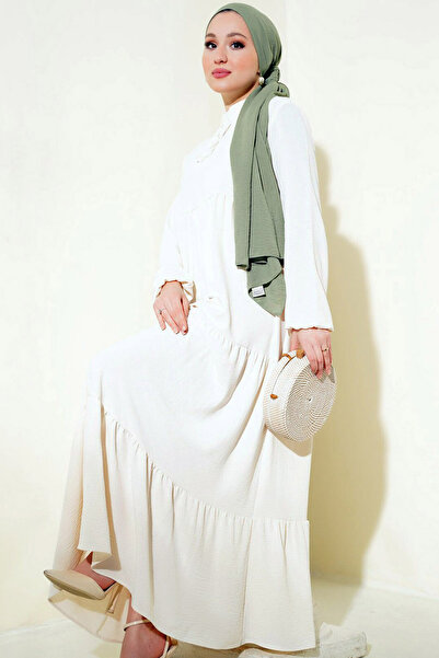 CoolLook Püskül Detaylı Hakim Dik Yaka Lastikli Uzun Balon Kollu Bol Kesim A-Line Maksi Boy Tesettür Elbise