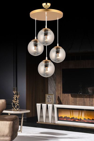 SONSUZ AYDINLATMA&AVİZE Pendant Lamp Tray Gold 4-Piece Smoked Glop Glass Luxury Chandelier