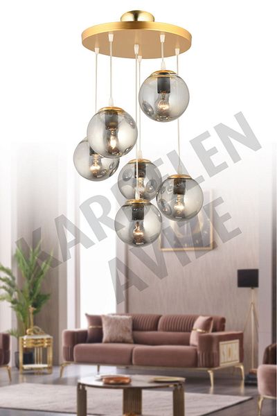 SONSUZ AYDINLATMA&AVİZE 6-Piece Smoked Globe Glass Luxury Chandelier - Pendant Lamp Tray Gold