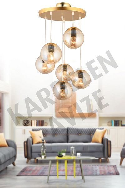 SONSUZ AYDINLATMA&AVİZE Gold Pendant Tray - 6-Piece Bal Glop Glass Luxury Chandelier Set