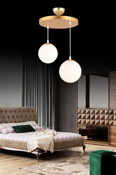 SONSUZ AYDINLATMA&AVİZE Pendant Lamp Tray Gold 2-Piece White Globe Glass Luxury Chandelier