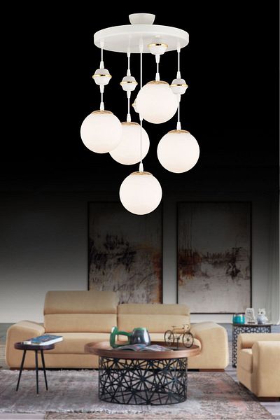 SONSUZ AYDINLATMA&AVİZE Pendant Lamp Tray White 5-Piece White Glop Top Glass Downward Facing Luxury Chandelier