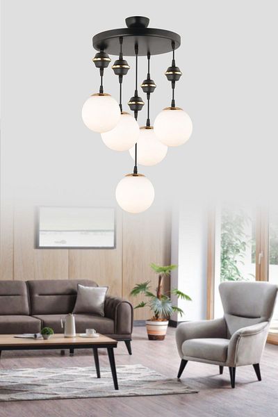 SONSUZ AYDINLATMA&AVİZE Pendant Lamp Tray Black 5-Piece White Glop Top Glass Downward Facing Luxury Chandelier