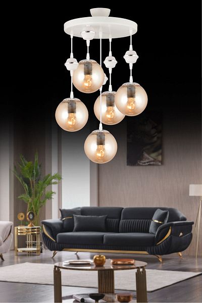 SONSUZ AYDINLATMA&AVİZE White Pendant Lamp Tray 5-Piece Honey Glop Top Glass Chrome Downward Facing Luxury Chandelier