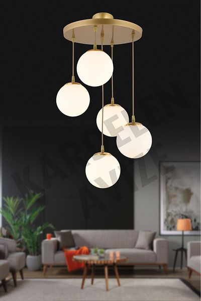SONSUZ AYDINLATMA&AVİZE 5-Piece White Ball Glass Pendant Tray - Downward Facing Chandelier