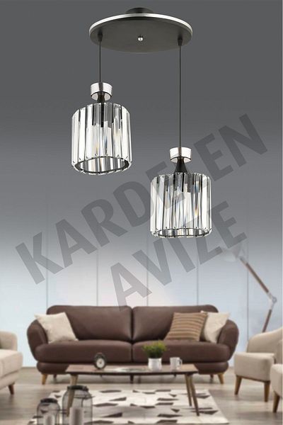 SONSUZ AYDINLATMA&AVİZE Black Crystal Stone and Chrome Stripe 2-Piece Facing Luxury Chandelier Set