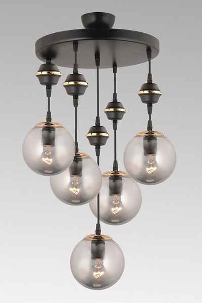 SONSUZ AYDINLATMA&AVİZE Pendant Lamp Tray Black 5-Piece Smoked Top Glop Glass Downward Facing Luxury Chandelier