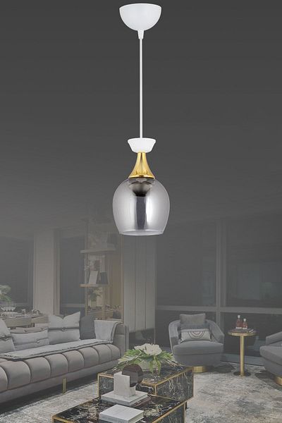 Docklight مصباح معلق فردي بجرة جرس بيضاء مع زجاج مدخن وشريط أصفر ثريا فاخرة حديثة مواجهة للأسفل