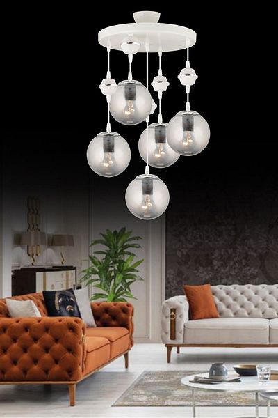 SONSUZ AYDINLATMA&AVİZE Pendant Lamp Tray White 5-Piece Smoked Glop Top Glass Chrome Downward Facing Luxury Chandelier