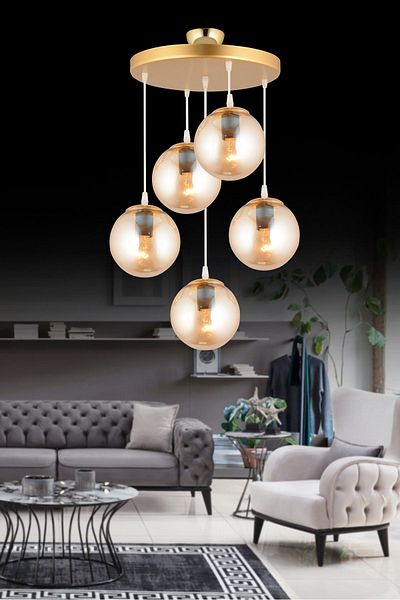 SONSUZ AYDINLATMA&AVİZE Pendant Lamp Tray Gold 5-Piece Honey Glop Glass Luxury Chandelier