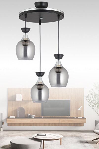 Genel Markalar Sarkıt Tepsi 3'lü Siyah Fanus Füme Camlı Krom Şeritli Modern A...