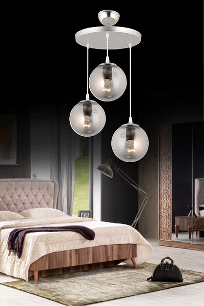 SONSUZ AYDINLATMA&AVİZE Pendant Lamp Tray Chrome 3-Piece Smoked Globe Glass Luxury Chandelier