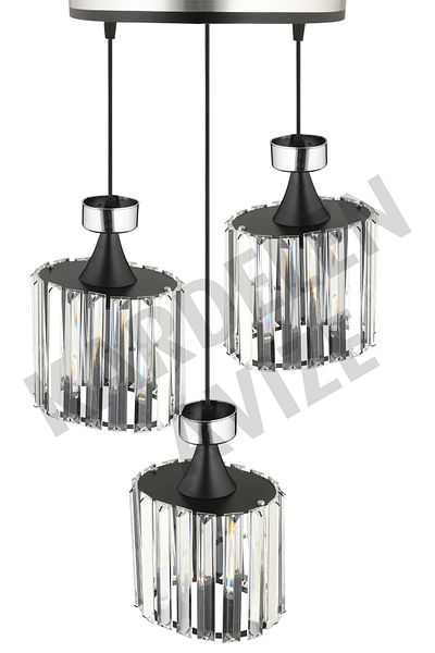 SONSUZ AYDINLATMA&AVİZE Set of 3 Black Pendant Lamp with Chrome Strip and Crystal Stone Detail Luxury Chandelier Facing