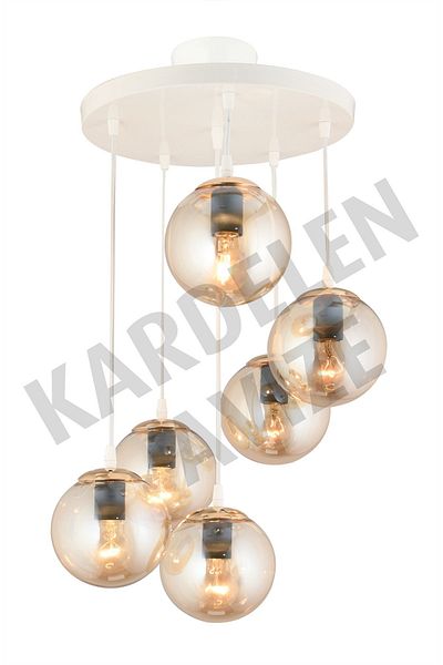 SONSUZ AYDINLATMA&AVİZE White 6-Piece Luxury Chandelier - Pendant Tray, Honey Ball, Globe Glass, Downward Facing