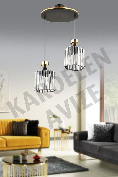 SONSUZ AYDINLATMA&AVİZE Luxury Chandelier - Black 2-Piece Pendant Lamp, Yellow Stripe and Crystal Stone Downward Facing