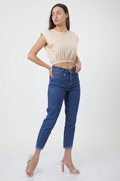 Berat moda Women's Beige Padded Basic Crop T-shirt with Elastic Waist
