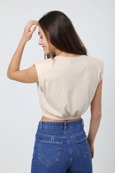 Berat moda Women's Beige Padded Basic Crop T-shirt with Elastic Waist