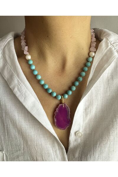 Hazeran accessories Gerçek Firuze ( Turkuaz ) Taşlı Pembe Ham Akik Uçlu Kolye