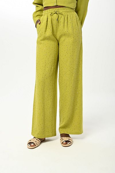 Orfeo Negro Stone Embroidered 100% Linen Women's Trousers - Wide Leg and Elastic Waist